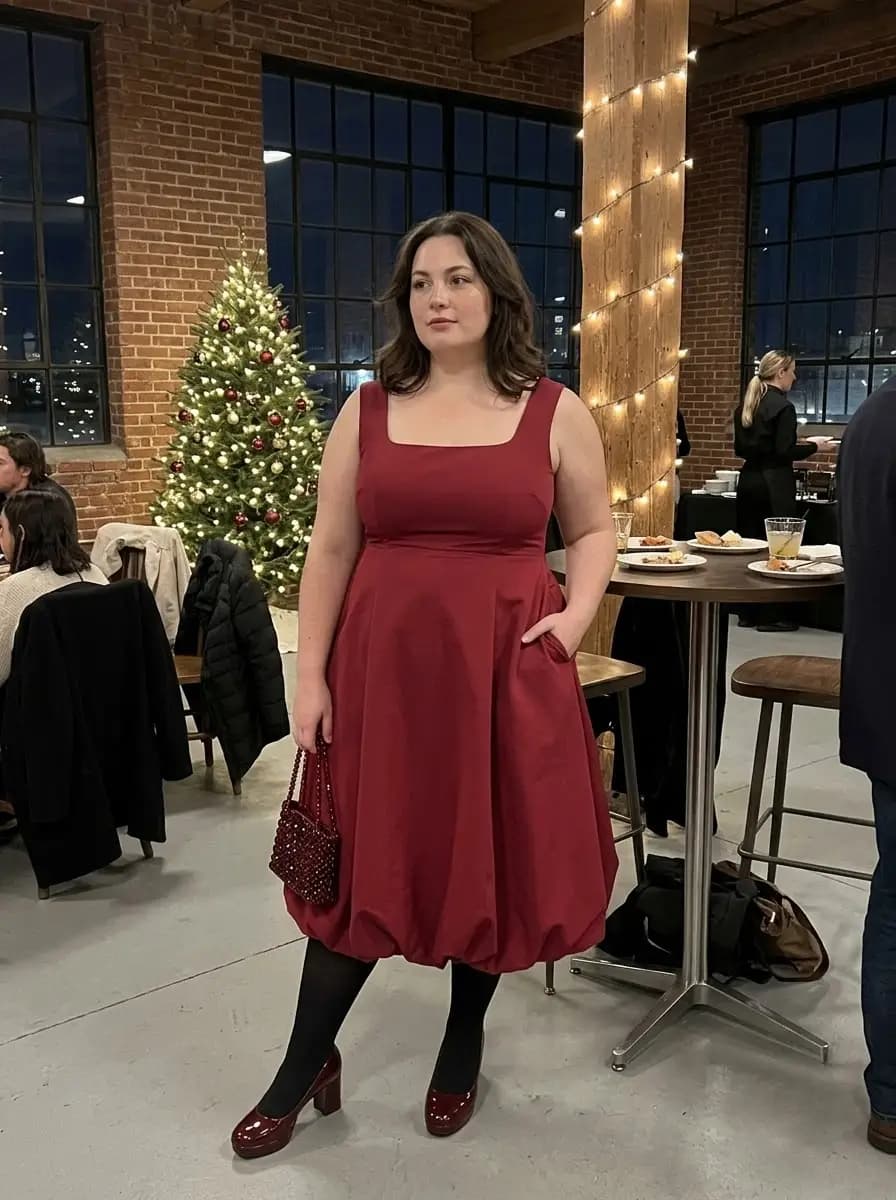 Burgundy Square-Neck Bubble-Hem Dress