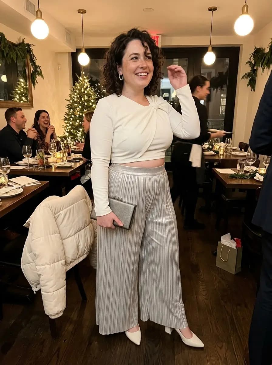 Cream Twist-Front Top with Silver Pleated Pants