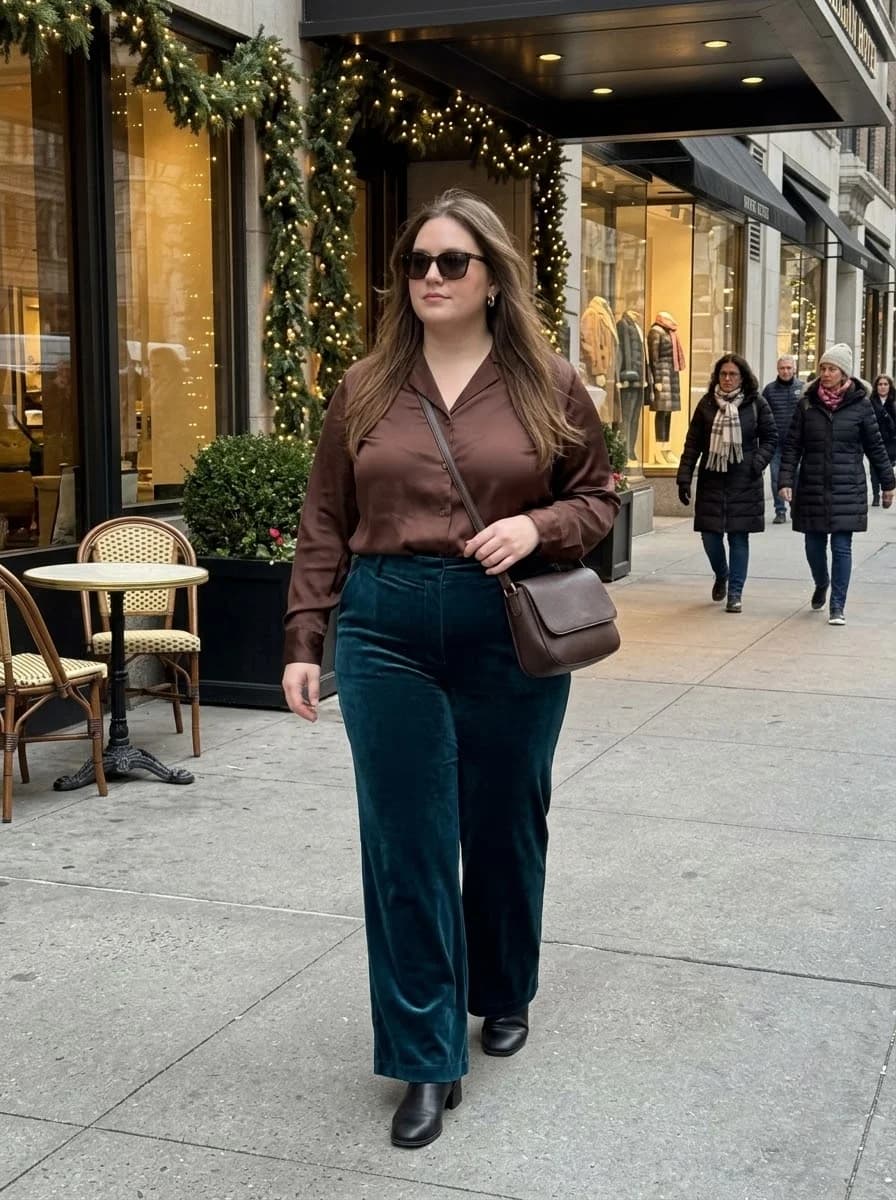 Satin Button-Down Shirt with Emerald Velvet Trousers