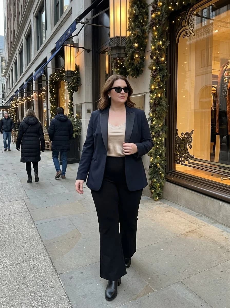 Navy Blazer with a Satin Cami and Black Trousers