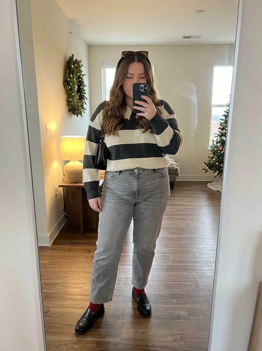 Striped Sweater with Gray Straight-Leg Jeans