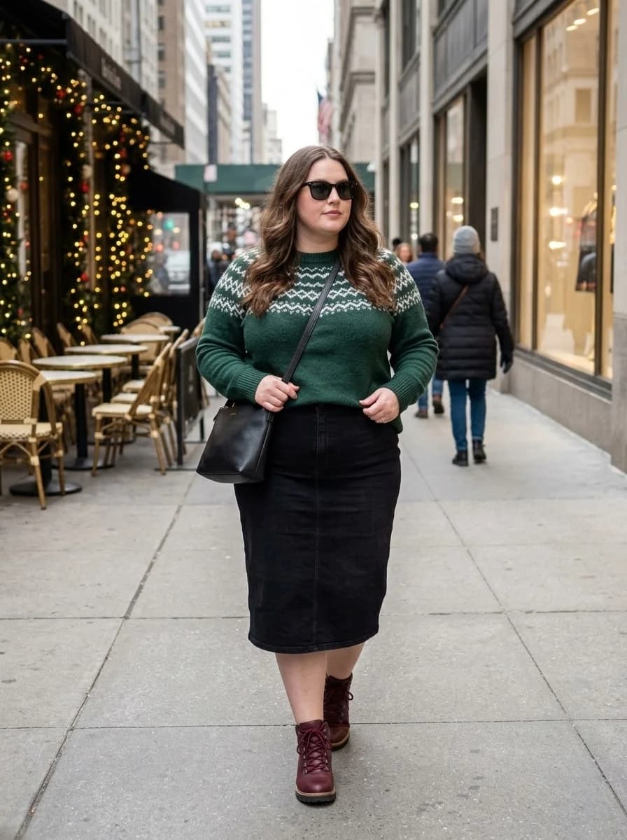 Fair Isle Sweater with a Black Denim Midi Skirt
