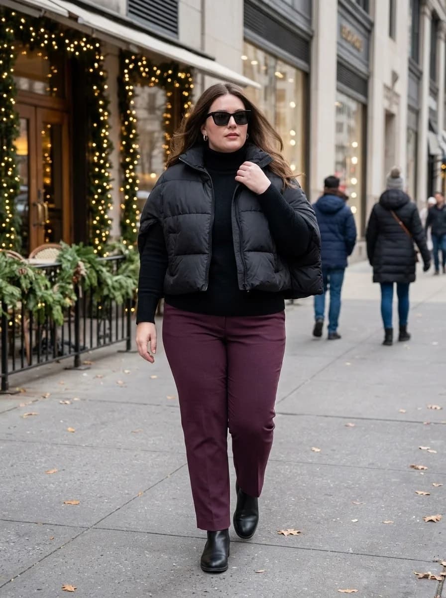 Black Turtleneck with a Cropped Puffer Vest and Plum Trousers