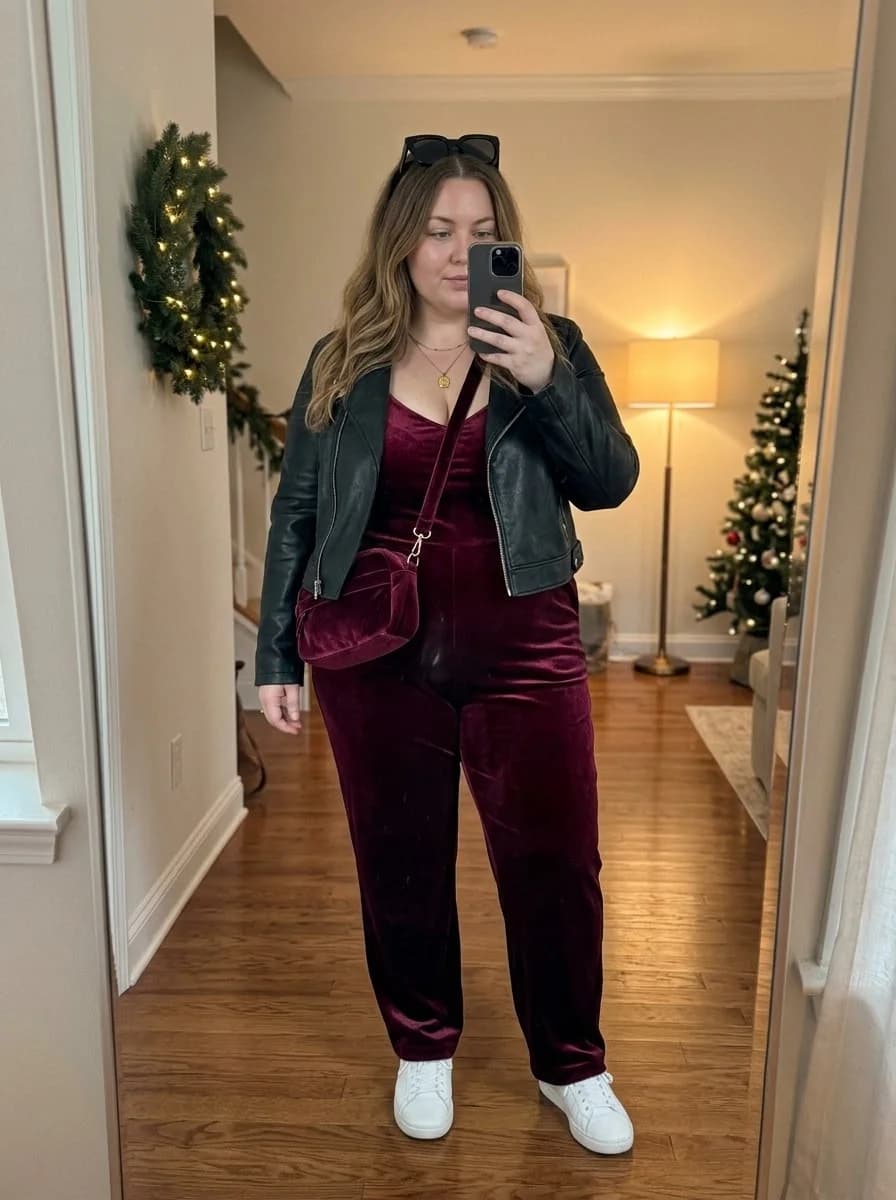 Burgundy Velvet Jumpsuit with a Black Leather Jacket