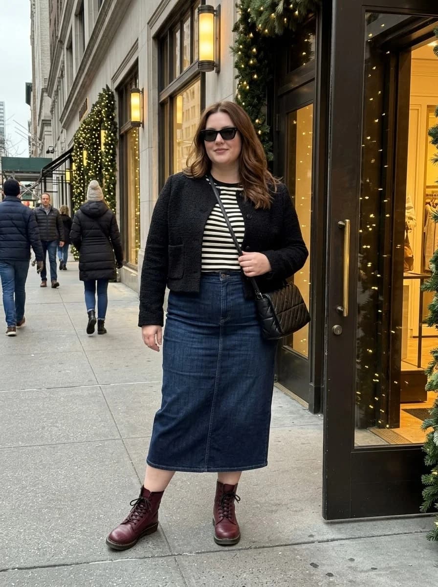 Striped Top with a Cropped Jacket and Denim Midi Skirt