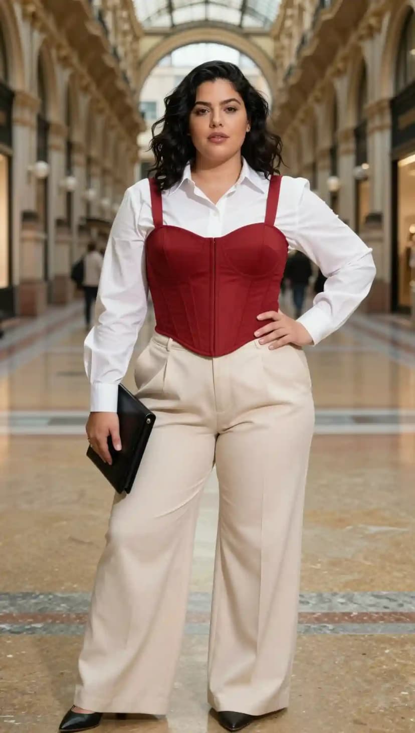 Burgundy Corset Top + White Button-Down Shirt + Cream Wide-Leg Trousers