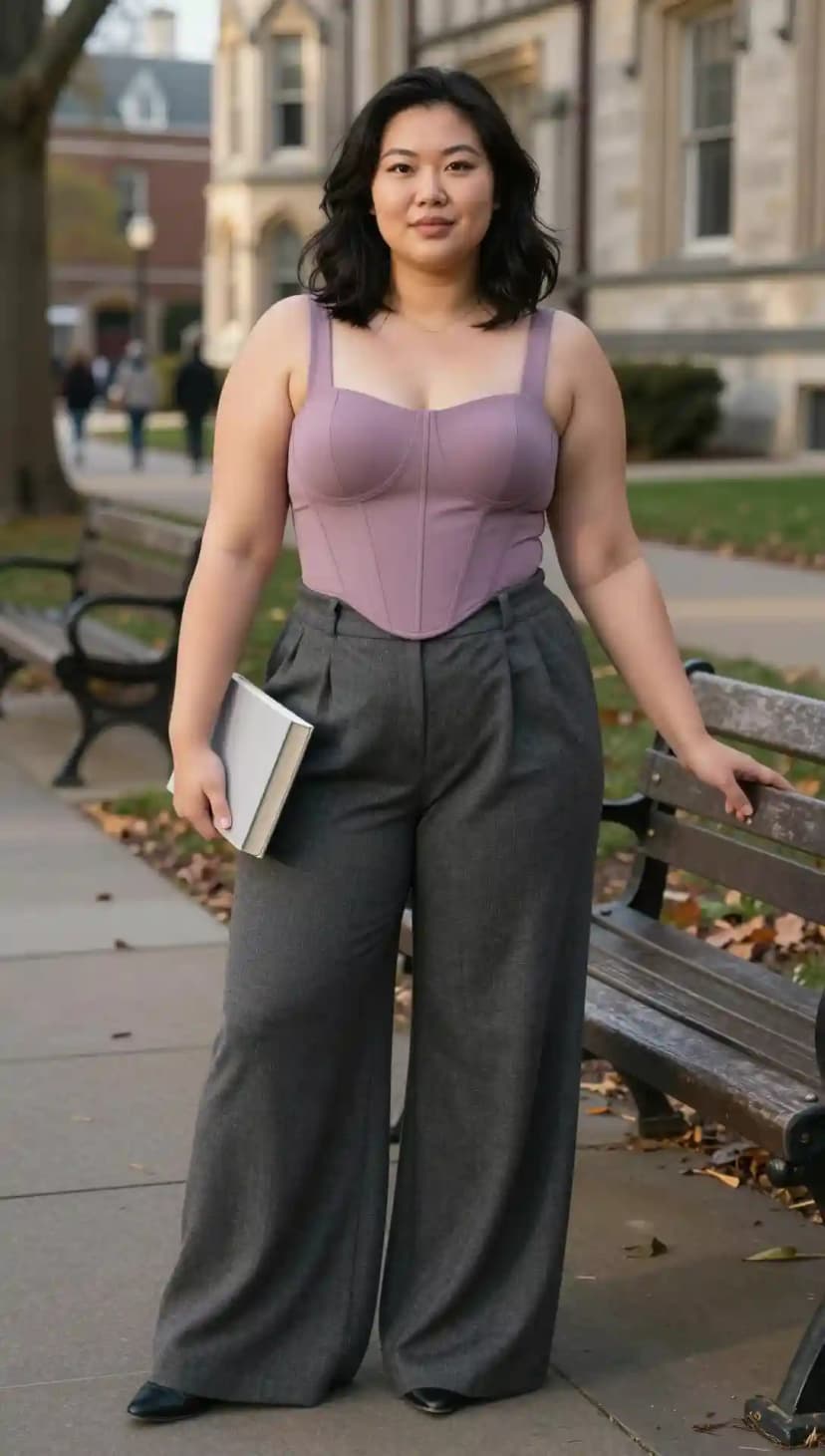 Lilac Corset Top + Grey Wide-Leg Trousers + Black Pointed-Toe Flats