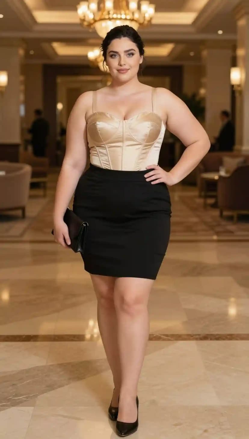 Champagne Satin Corset Top + Black Mini Skirt + Black Pointed Heels