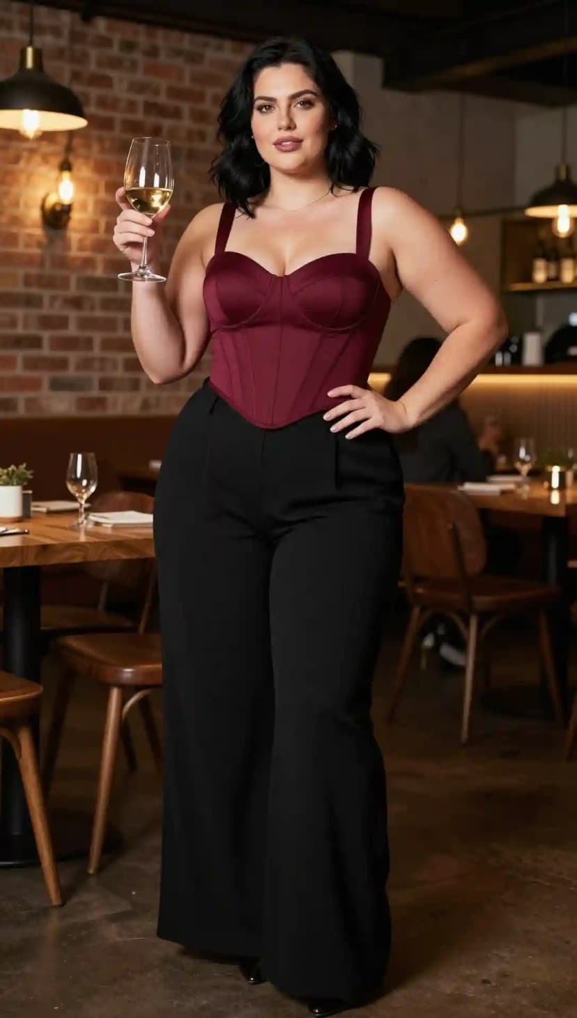Burgundy Satin Corset Top + Black Pinstripe Wide-Leg Pants