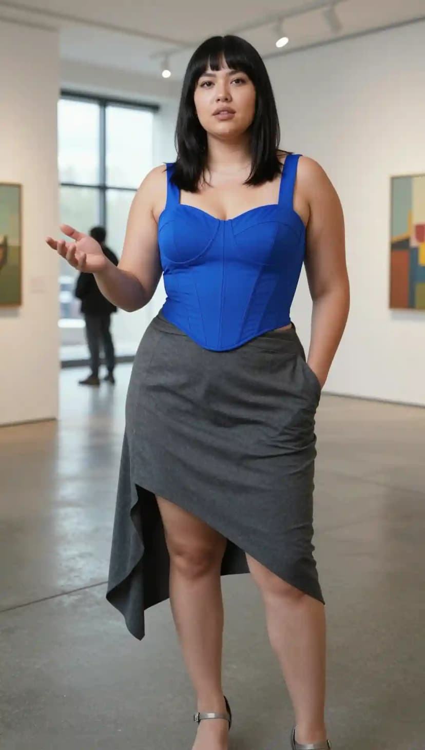 Cobalt Blue Corset Top + Grey Asymmetrical Skirt + Silver Heels