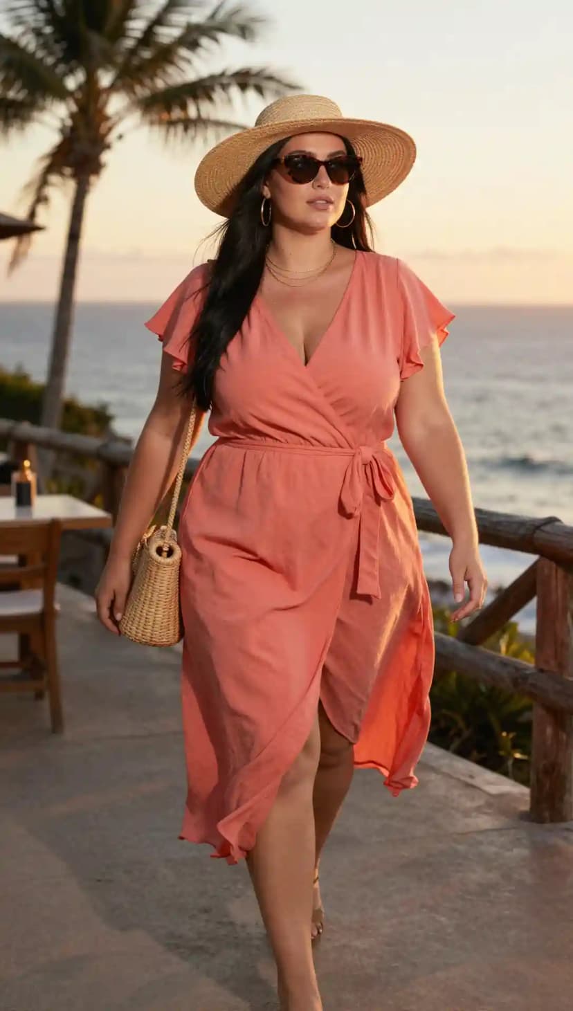 Coral Linen Wrap Dress + Straw Fedora + Tortoiseshell Sunglasses + Woven Straw Crossbody Bag