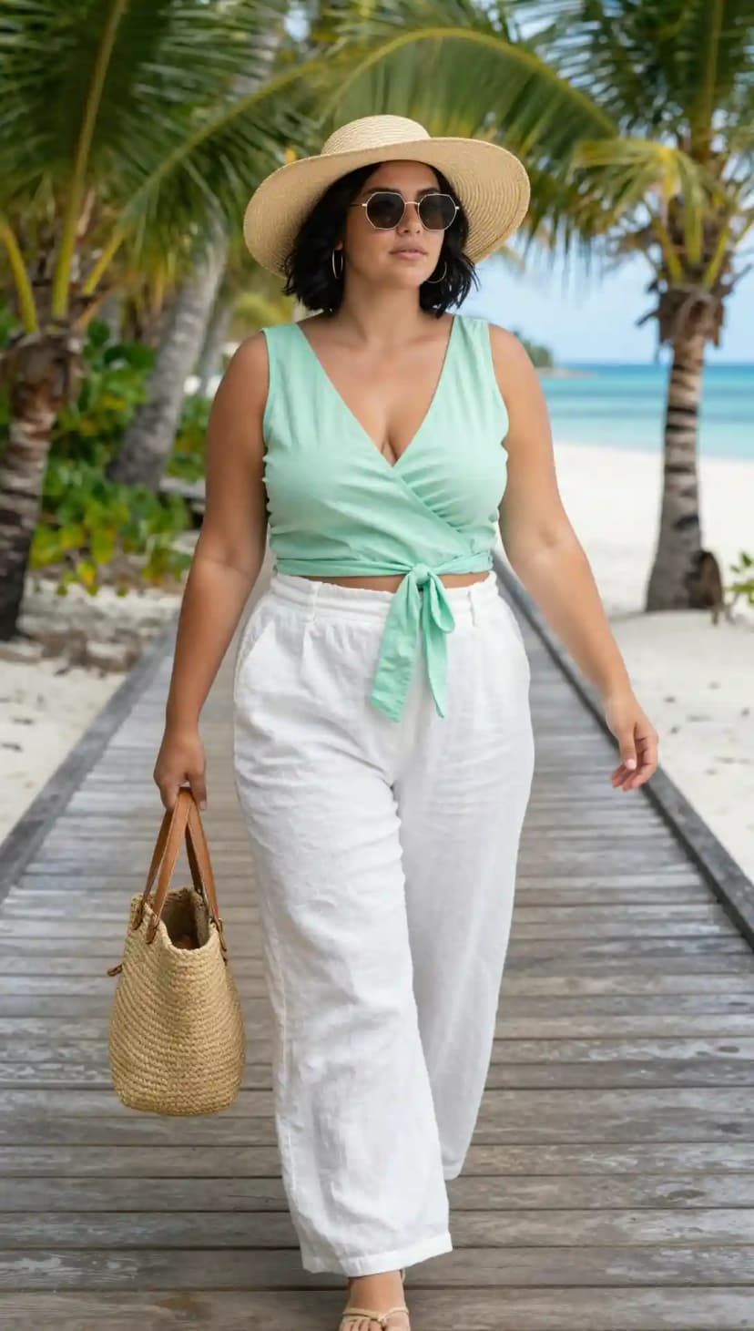 Mint Green Cotton Wrap Top + White Linen Wide-Leg Pants