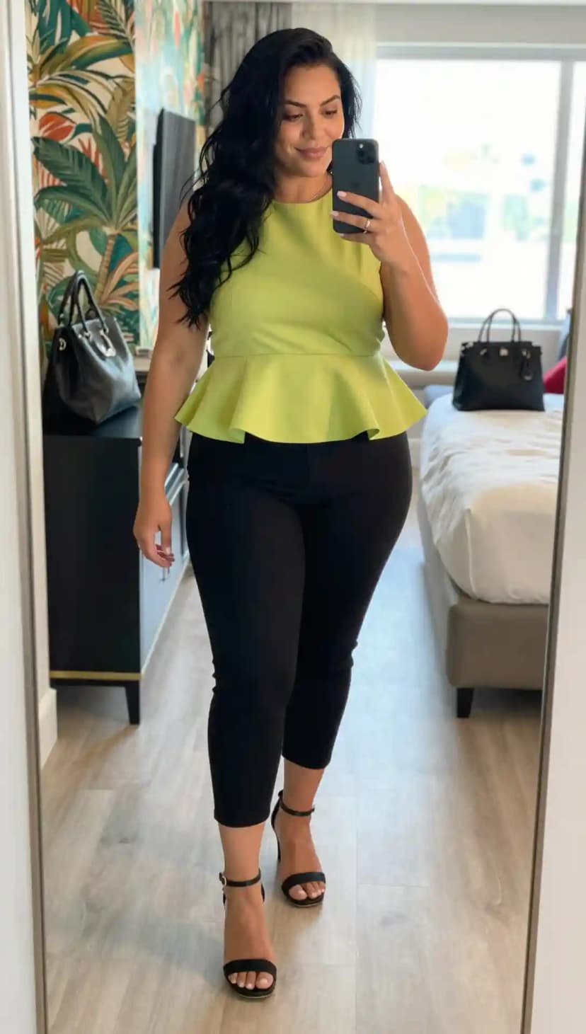 Lime Peplum Top + Black Skinny Trousers + Black Ankle Strap Heels