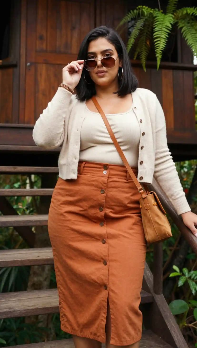 Cream Knit Cardigan + Beige Ribbed Tank Top + Rust Linen Button-Front Midi Skirt