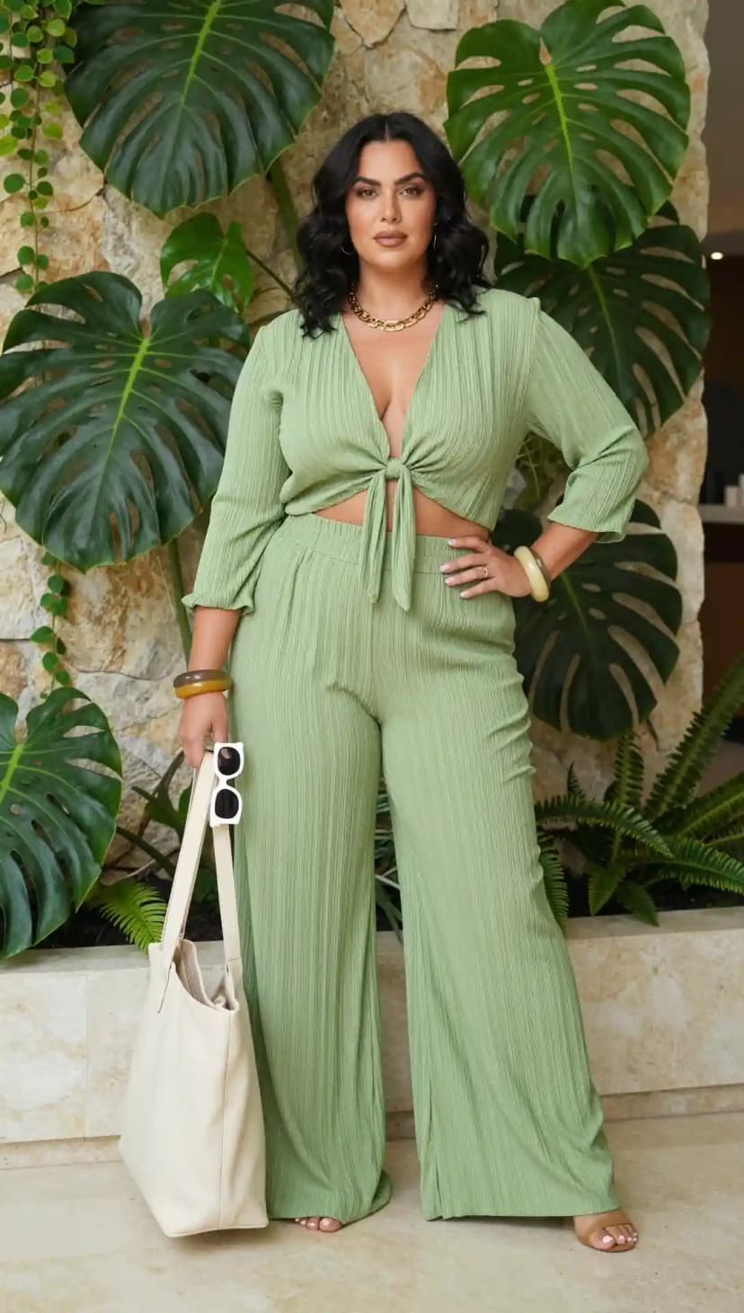 Sage Ribbed Knit Crop Top + Sage Ribbed Knit Wide-Leg Pants