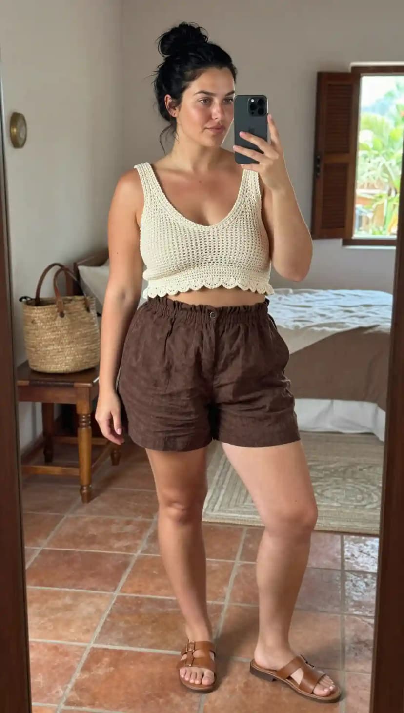 Cream Crochet Knit Top + Brown Linen Shorts + Brown Leather Sandals
