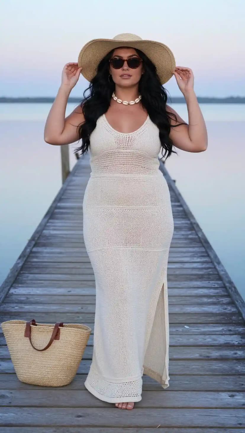 Cream Crochet Maxi Dress + Straw Sun Hat + Tortoiseshell Sunglasses + Shell Necklace