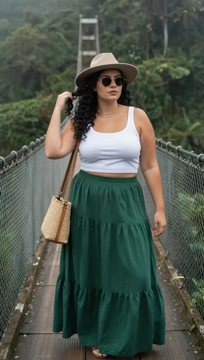 White Ribbed Crop Tank + Forest Green Tiered Maxi Skirt