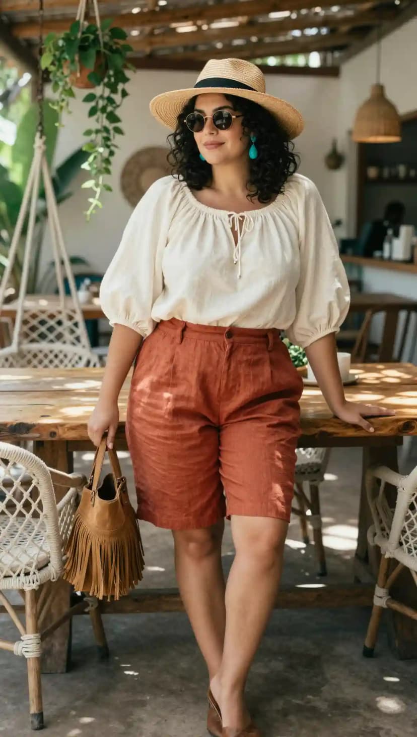 Cream Linen Blouse + Rust Linen Shorts + Straw Fedora
