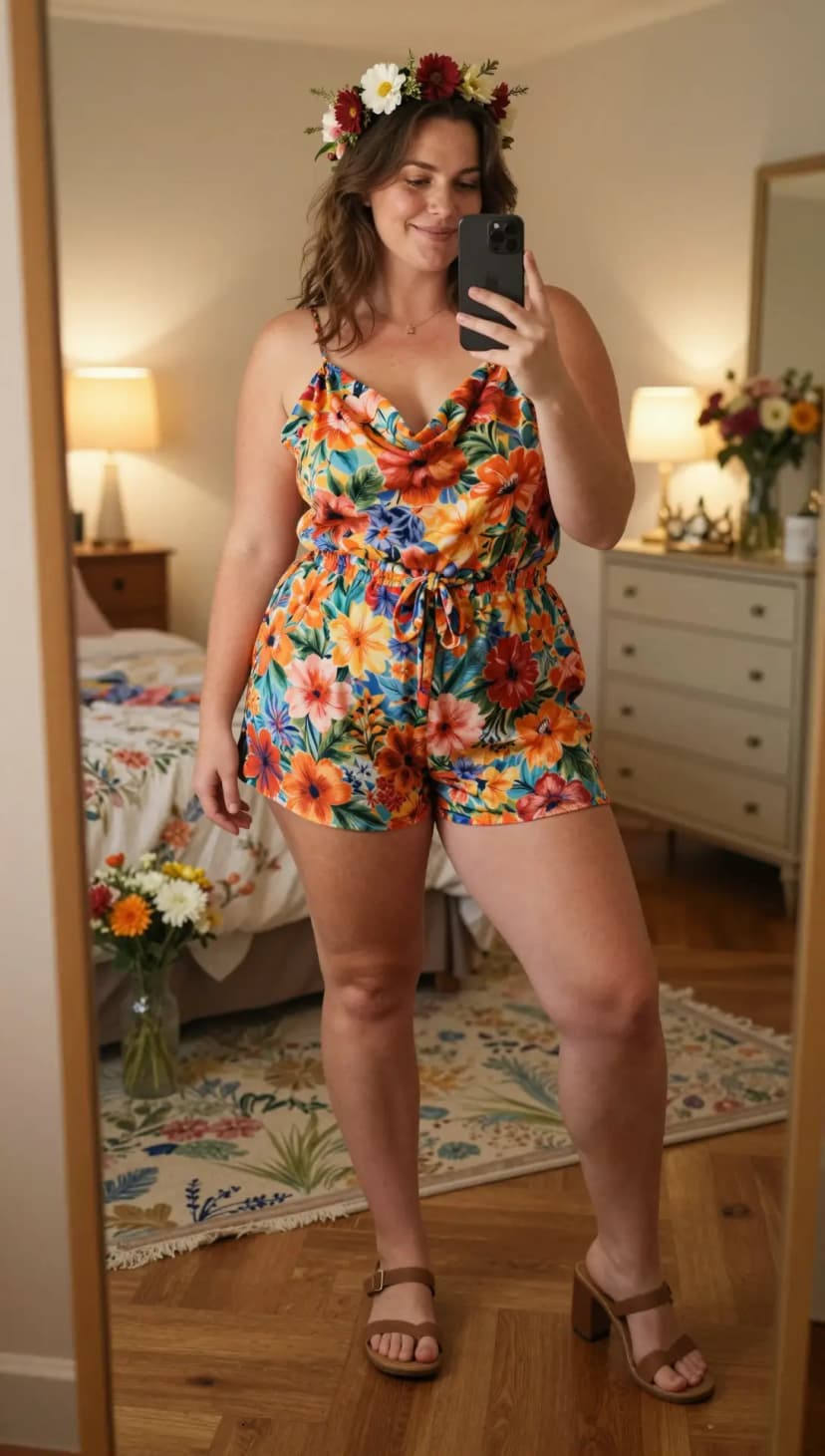 Multicolor Floral Print Satin Romper + Brown Leather Block Heel Sandals