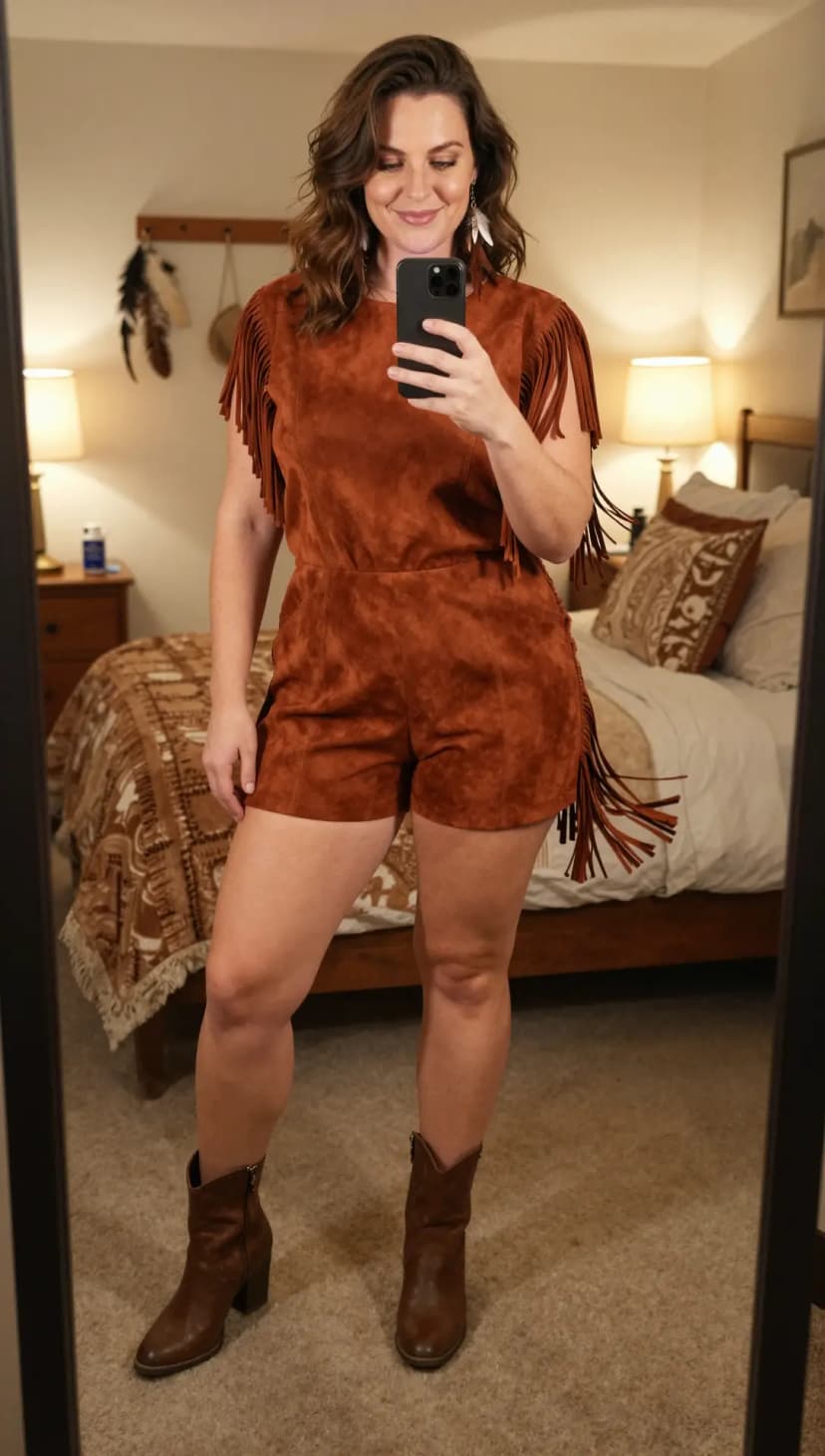 Brown Suede Fringe Romper + Brown Leather Ankle Boots