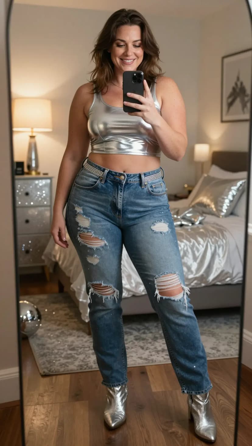 Silver Metallic Crop Top + Distressed Denim Jeans + Silver Pointed-Toe Boots