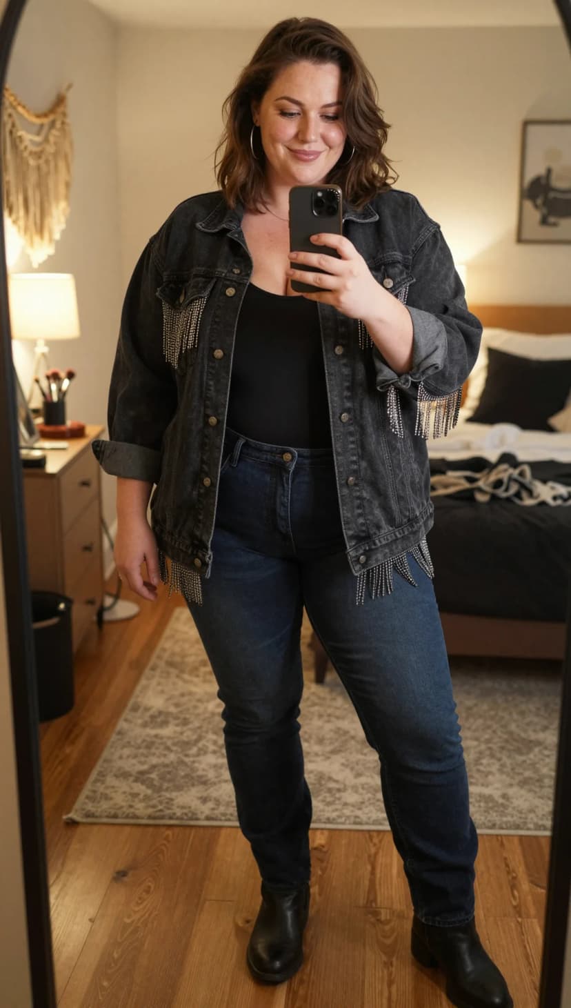 Black Distressed Denim Jacket + Black Ribbed Bodysuit + Medium Wash Skinny Jeans + Black Leather Ankle Boots