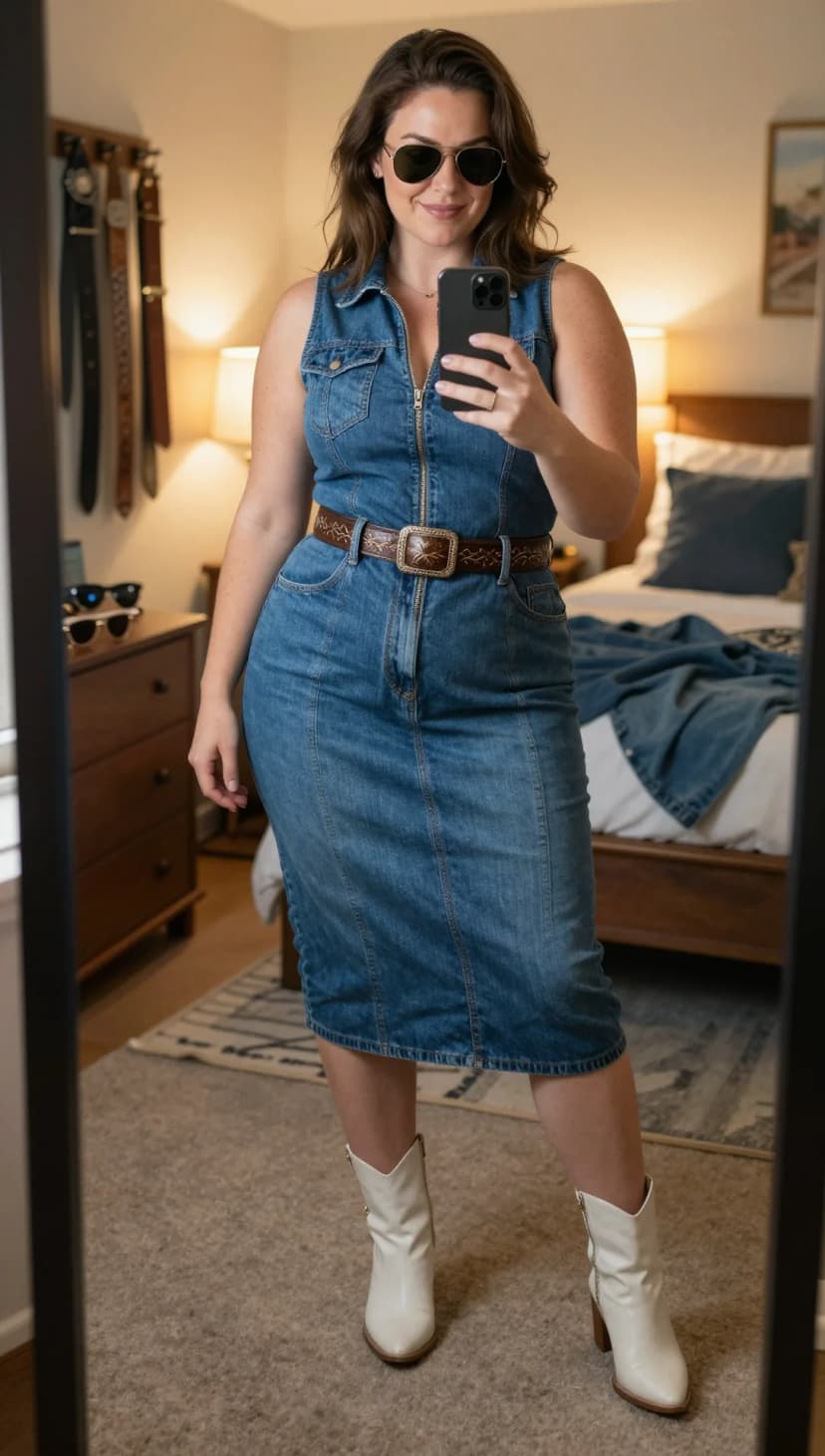 Blue Denim Zipper Dress + Brown Embossed Leather Belt + White Leather Ankle Boots