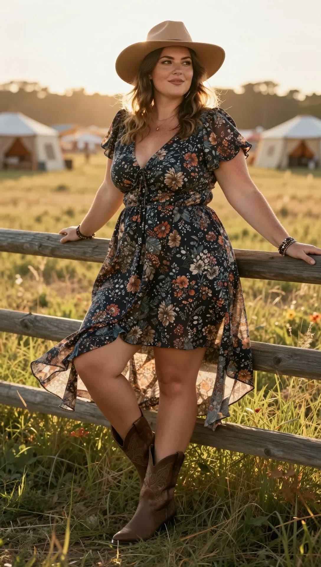 Navy Floral Chiffon High-Low Dress + Brown Leather Cowboy Boots + Tan Felt Wide-Brim Hat