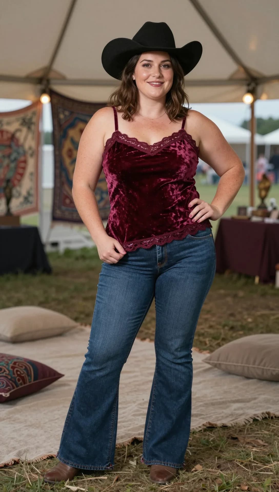 Burgundy Velvet Lace Camisole + Medium Wash Flare Jeans + Black Cowboy Hat