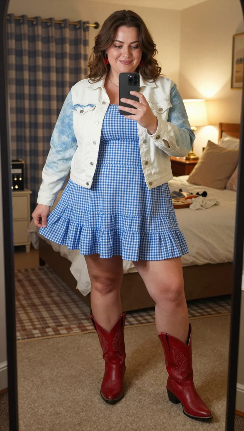 Blue Gingham Ruffle Dress + White Denim Jacket with Blue Tie-Dye Sleeves + Red Leather Cowboy Boots