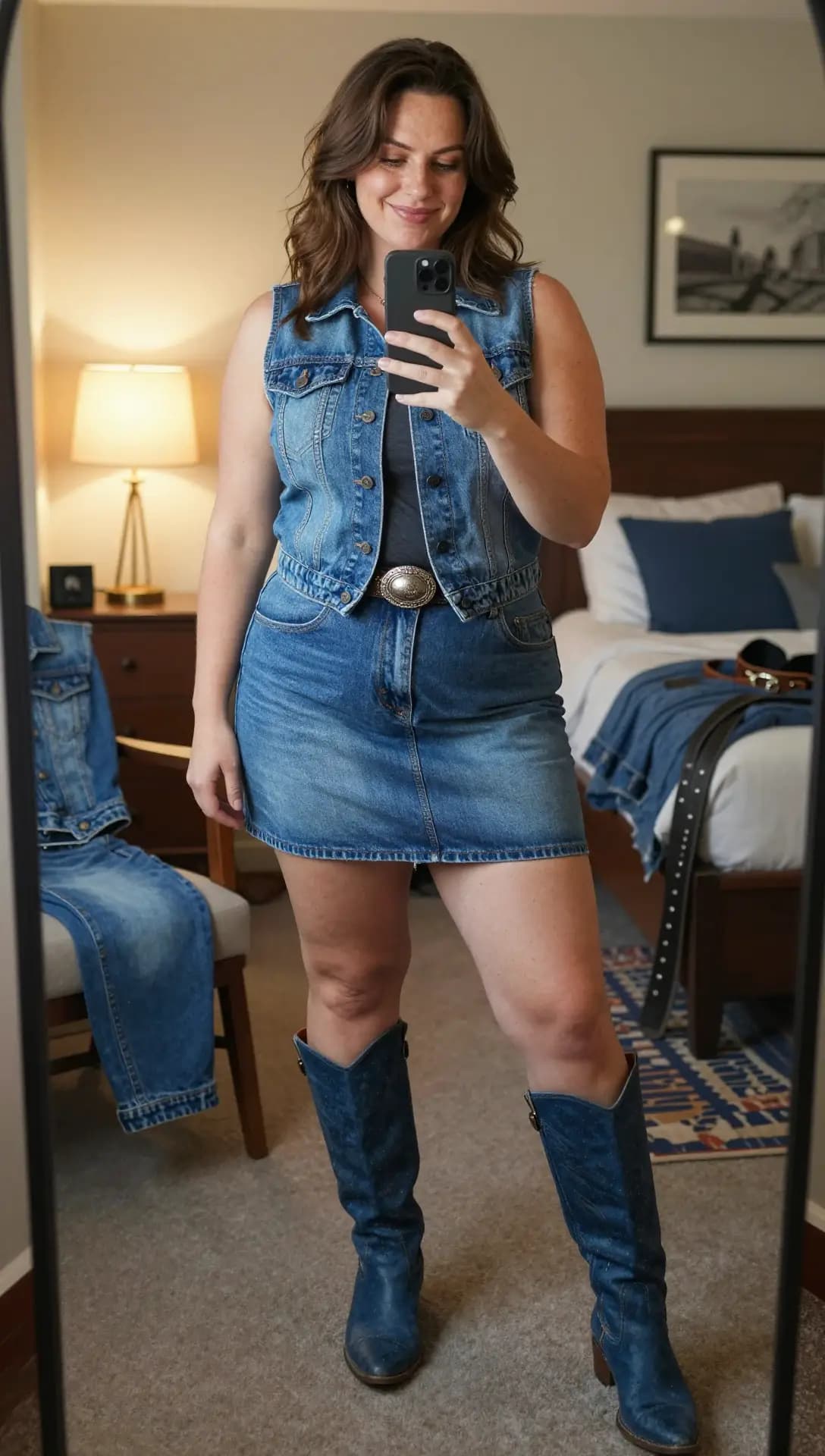 Medium Wash Denim Vest + Grey Cotton T-Shirt + Medium Wash Denim Mini Skirt + Blue Suede Cowboy Boots