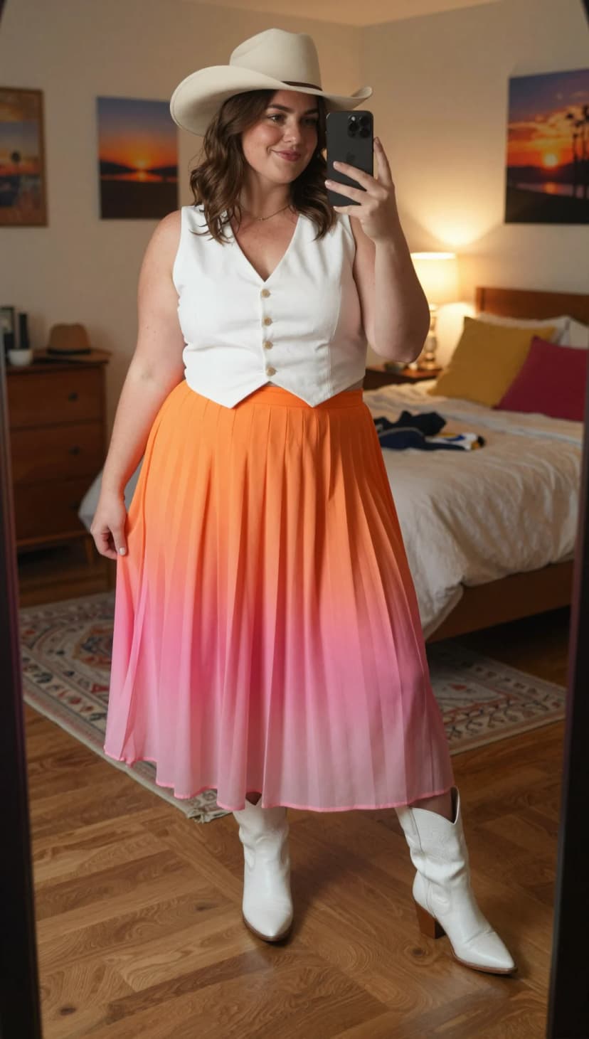 White Linen Vest + Ombre Chiffon Maxi Skirt + White Leather Cowboy Boots