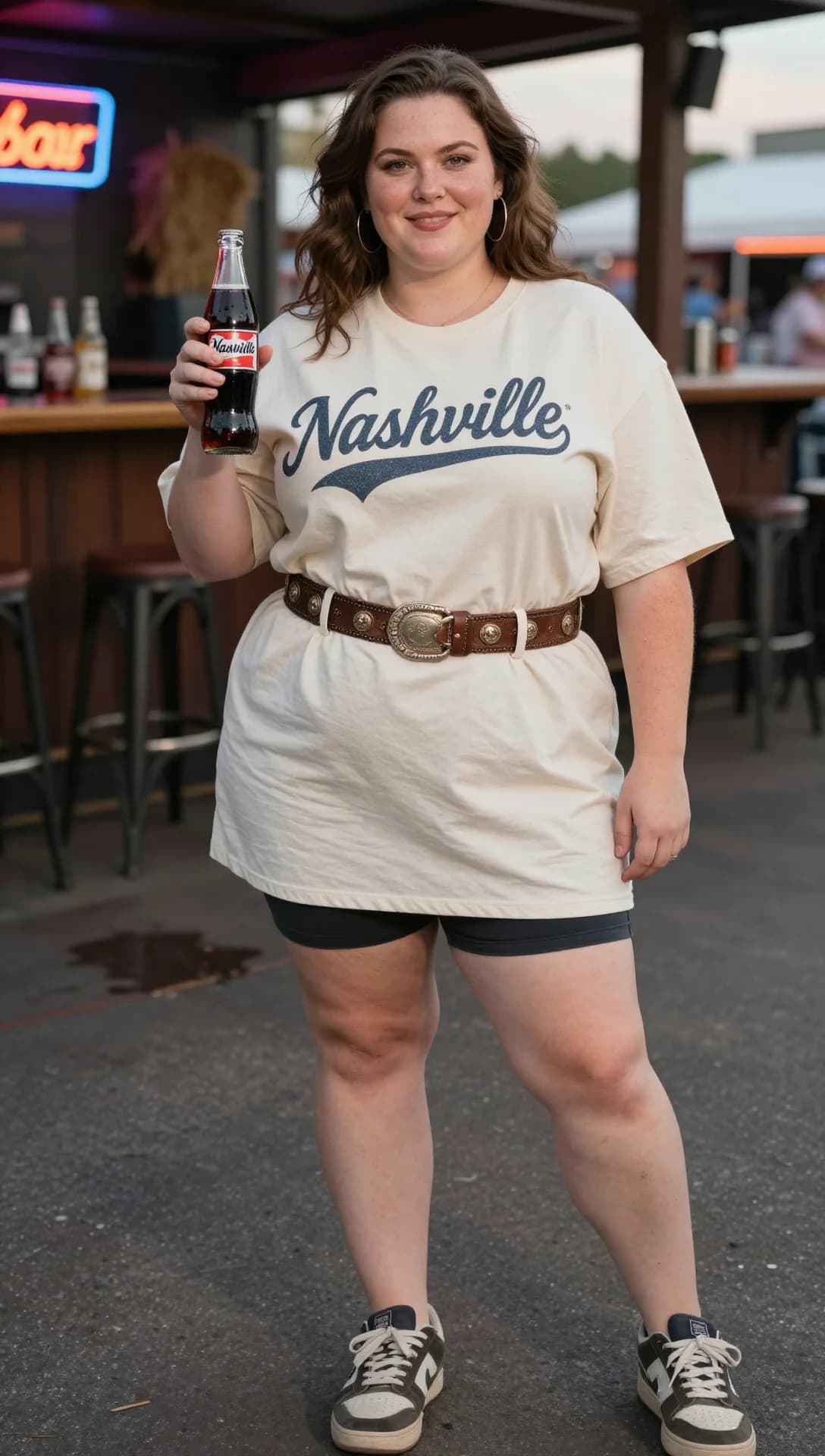 Cream Graphic T-Shirt + Black Athletic Shorts + Brown Western Belt + White and Grey Sneakers