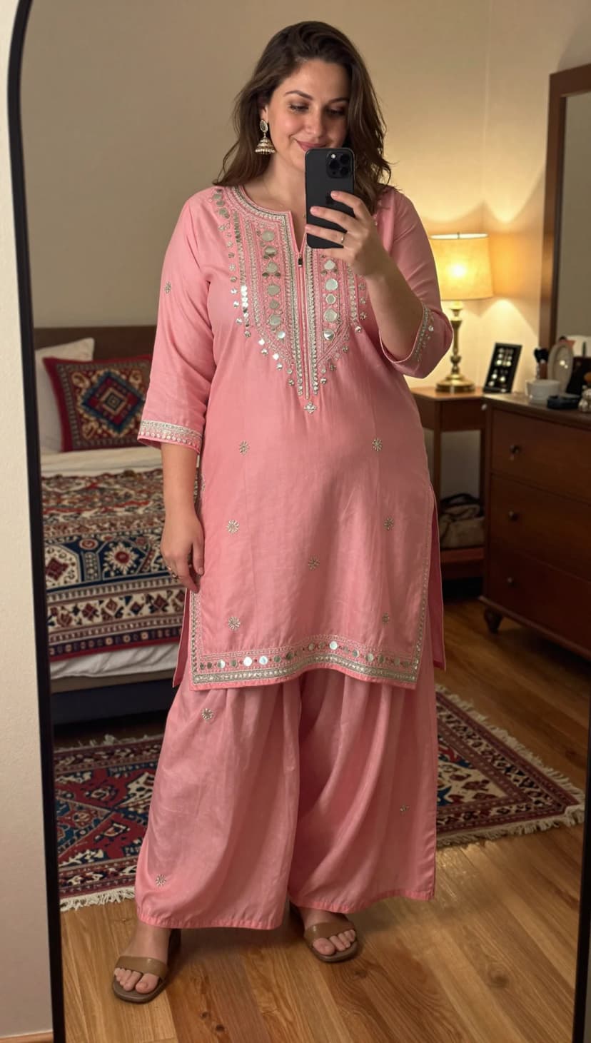 Pink Silk Kurta + Pink Silk Palazzo Pants + Brown Leather Sandals
