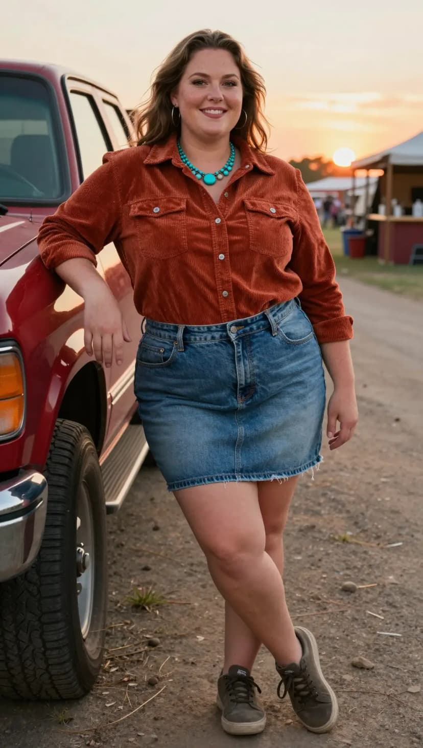 Rust Corduroy Button-Up Shirt + Light Wash Denim Mini Skirt + Grey Canvas Sneakers