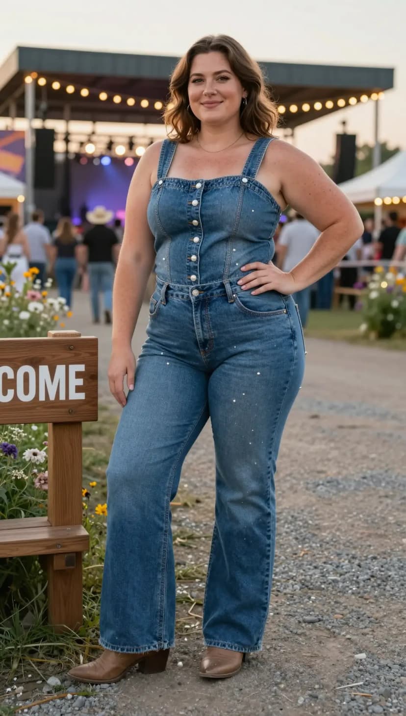 Blue Denim Jumpsuit + Brown Leather Boots