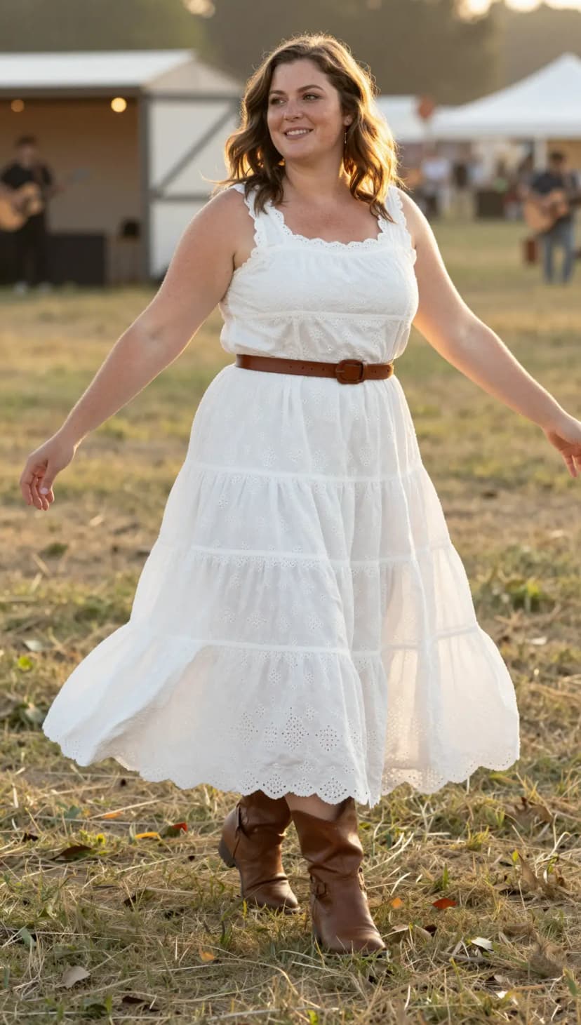 White Broderie Anglaise Midi Dress + Brown Leather Belt + Brown Leather Ankle Boots