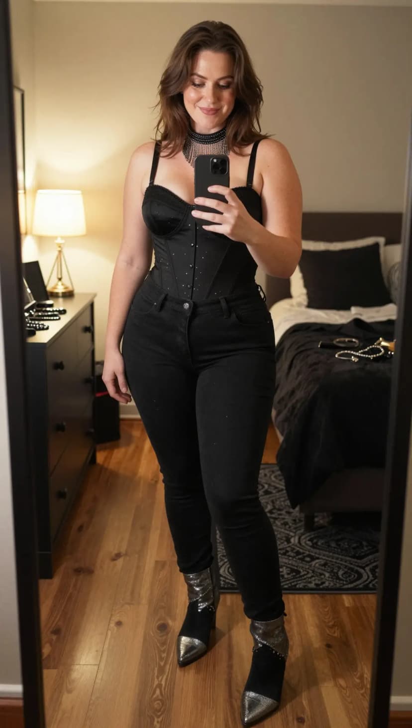 Black Sparkle Corset Top + Black Skinny Jeans + Silver Toe Boots