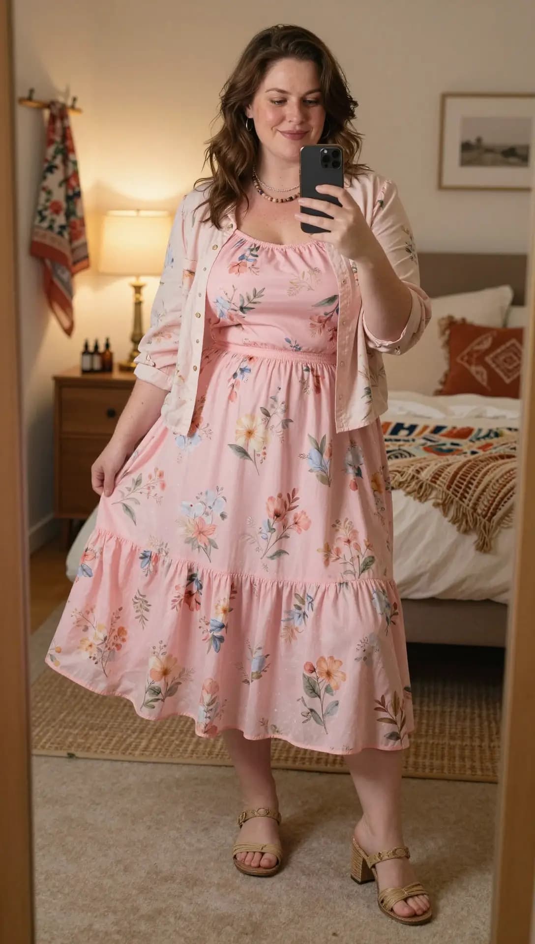 Pink Floral Print Cotton Sundress + Pink Floral Print Cotton Cardigan + Tan Woven Heeled Sandals