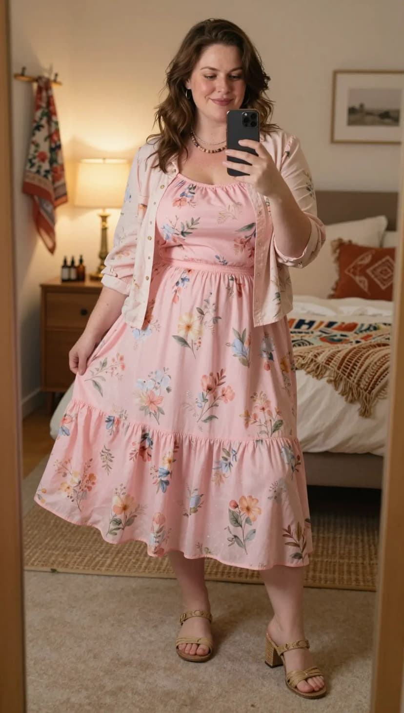 Pink Floral Print Cotton Sundress + Pink Floral Print Cotton Cardigan + Tan Woven Heeled Sandals