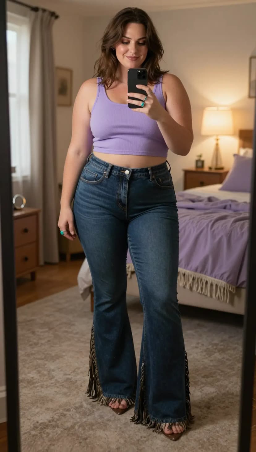 Lavender Ribbed Knit Crop Top + Dark Wash Denim Flare Jeans with Fringe