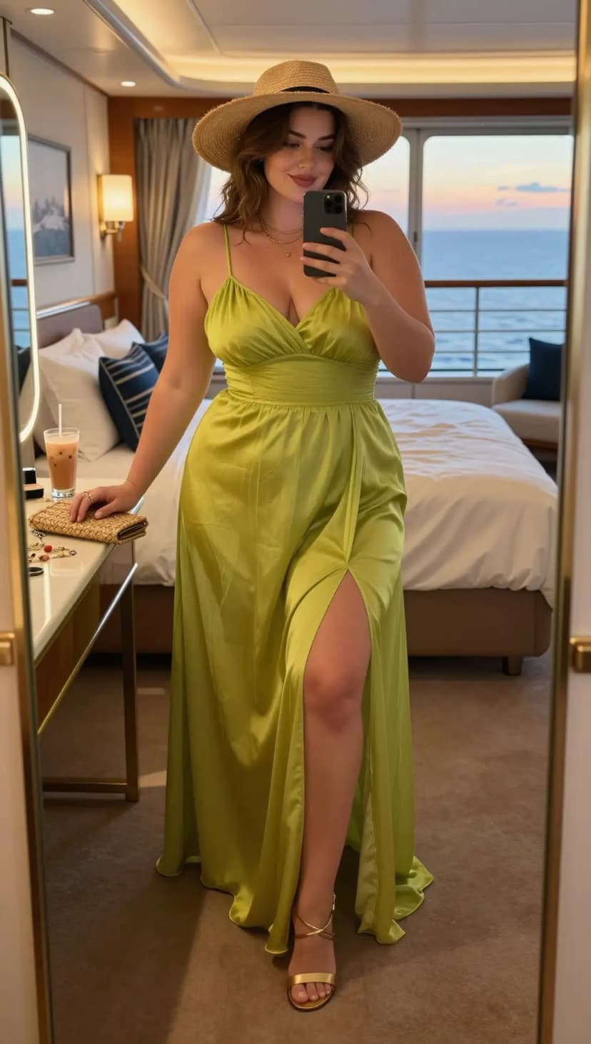 Lime Satin Maxi Dress + Straw Fedora Hat + Gold Strappy Heels