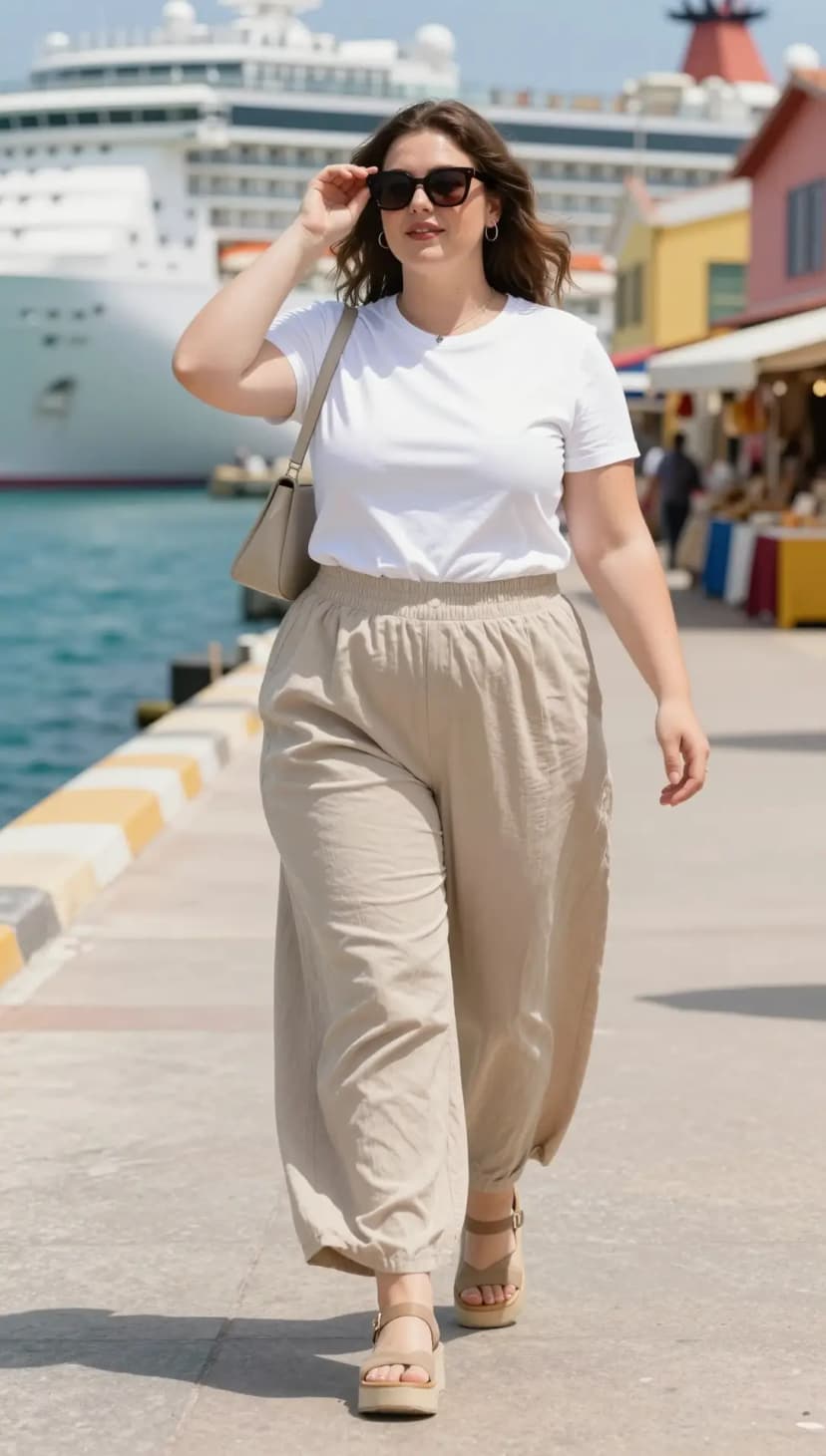 White Cotton T-Shirt + Beige Linen Wide-Leg Trousers + Beige Platform Sandals