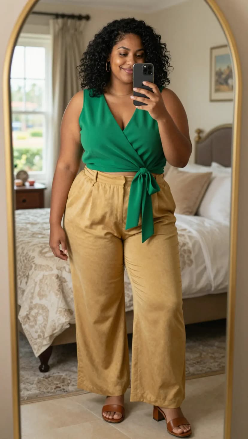 Green V-Neck Wrap Top + Mustard Wide-Leg Trousers