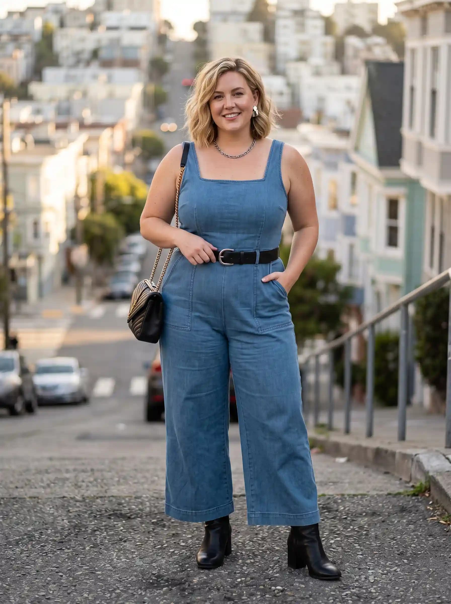 Denim Jumpsuit + Black Belt + Black Ankle Boots