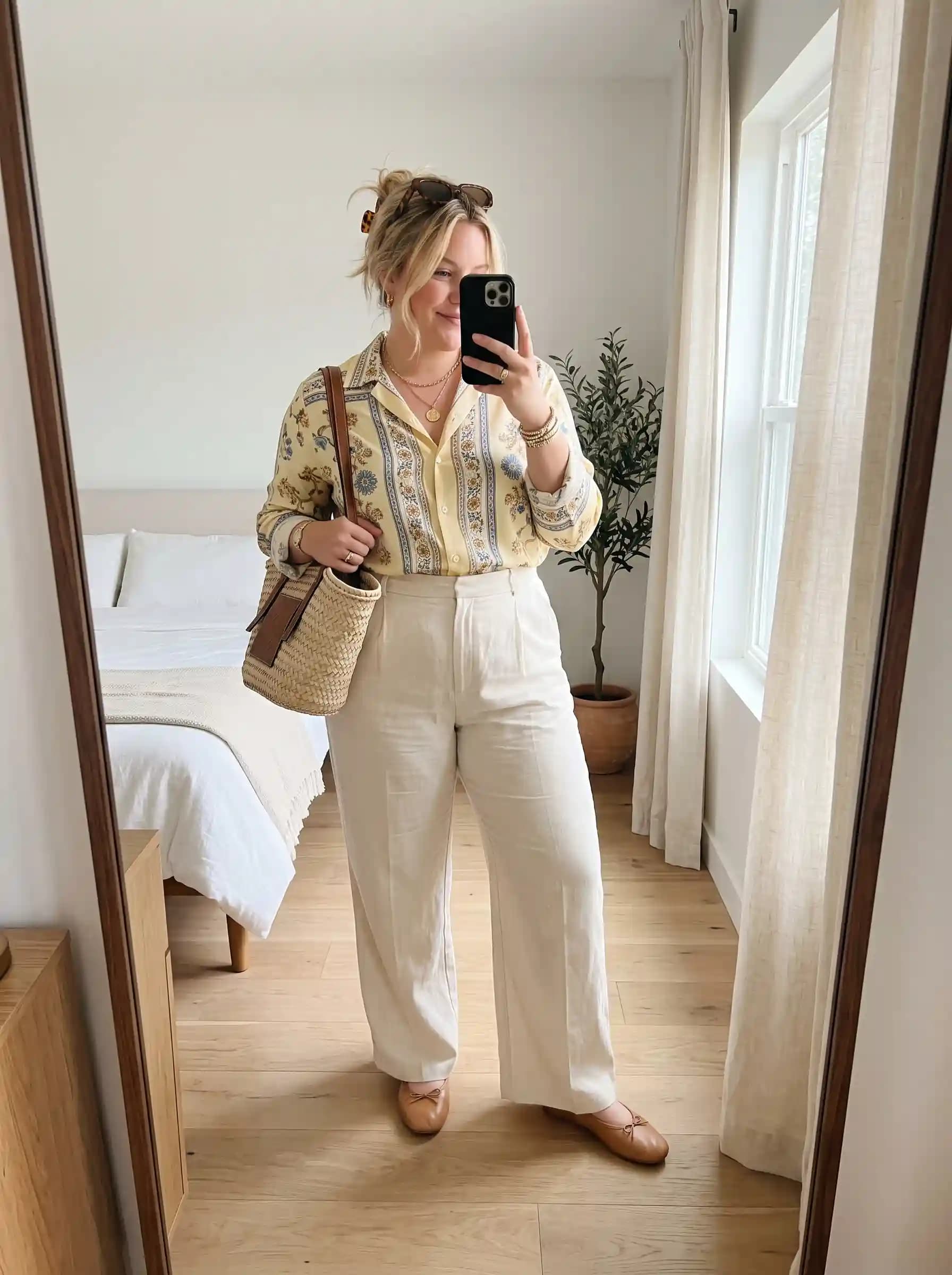 Yellow Printed Button-Down Shirt + Cream Wide-Leg Trousers