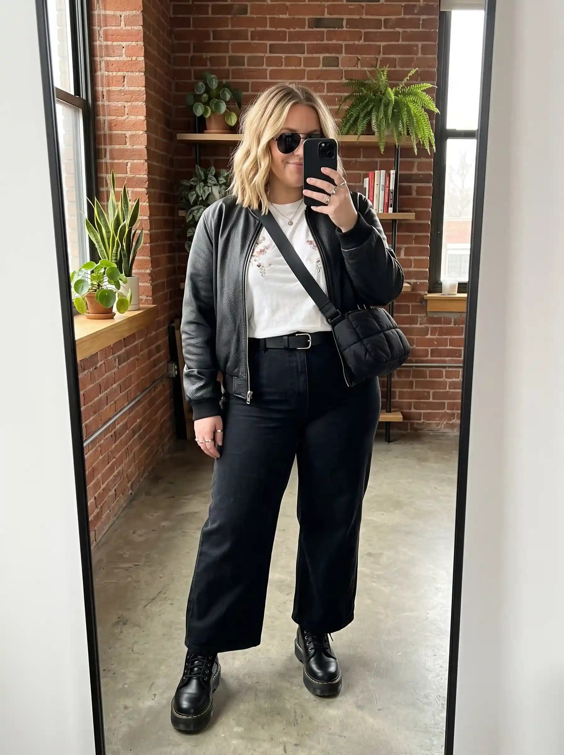 Black Leather Bomber Jacket + White Graphic T-Shirt + Black Wide-Leg Jeans