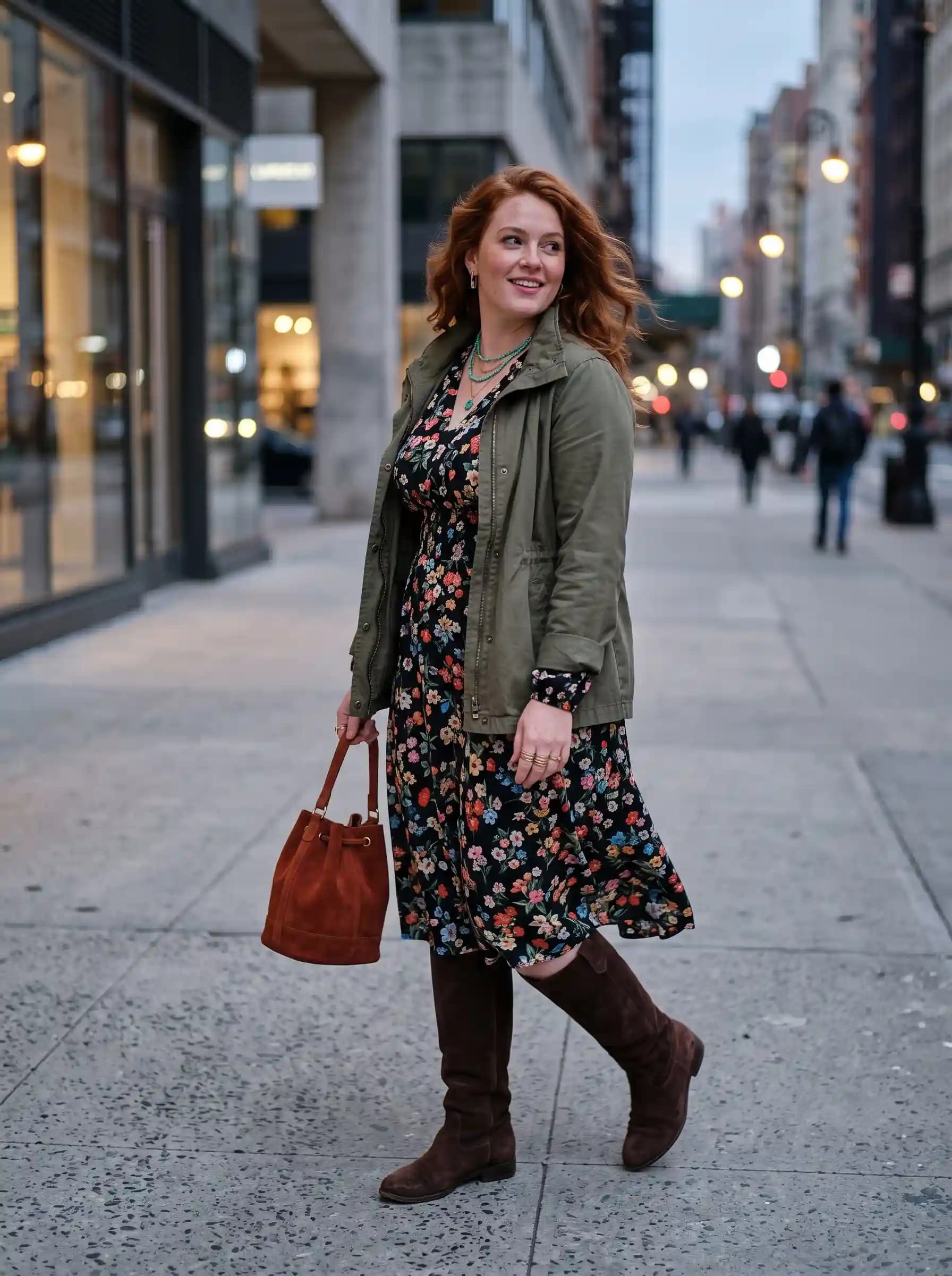 Black Floral Midi Dress + Olive Utility Jacket + Brown Suede Boots