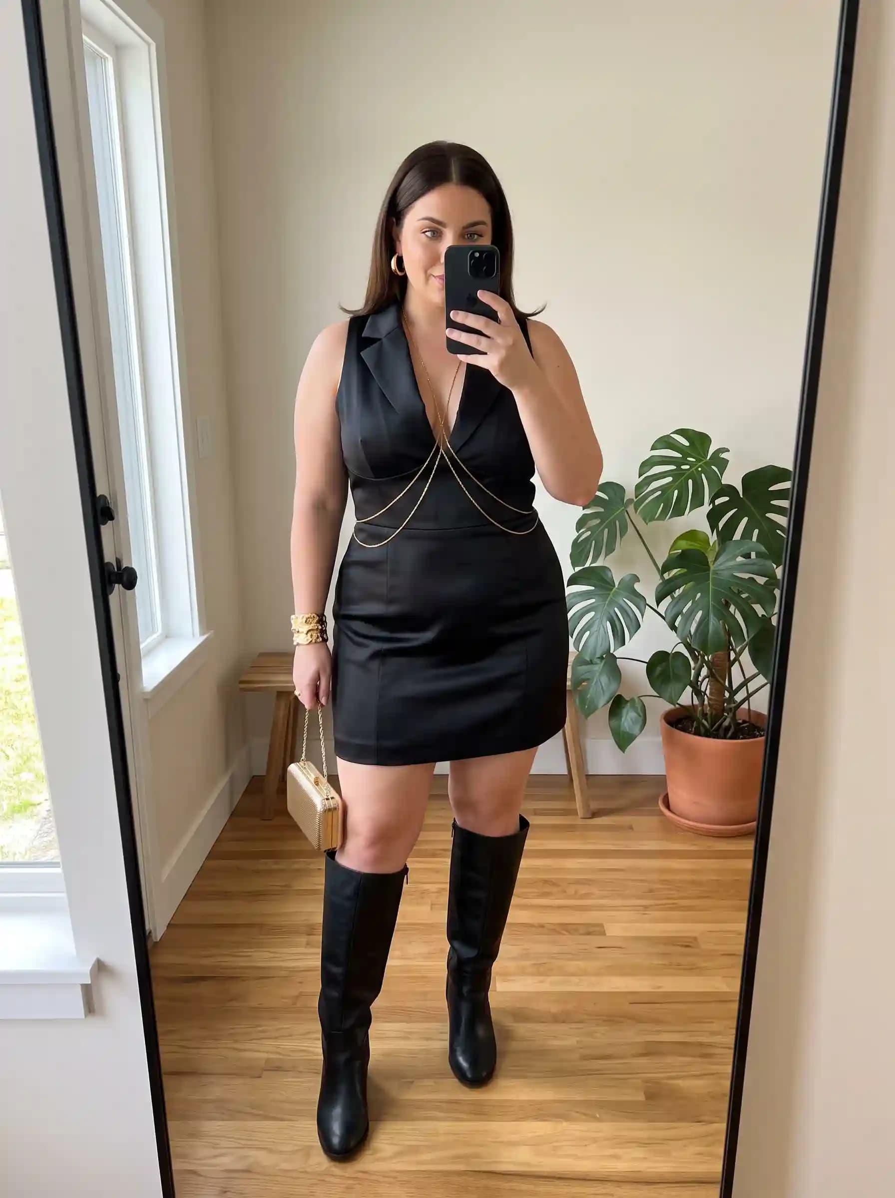 Black Satin Tuxedo Mini Dress + Gold Body Chain + Black Knee-High Boots